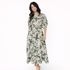 Jade Green Pink Floral Maxi Dress Pockets Tie Waist NWOT Size M